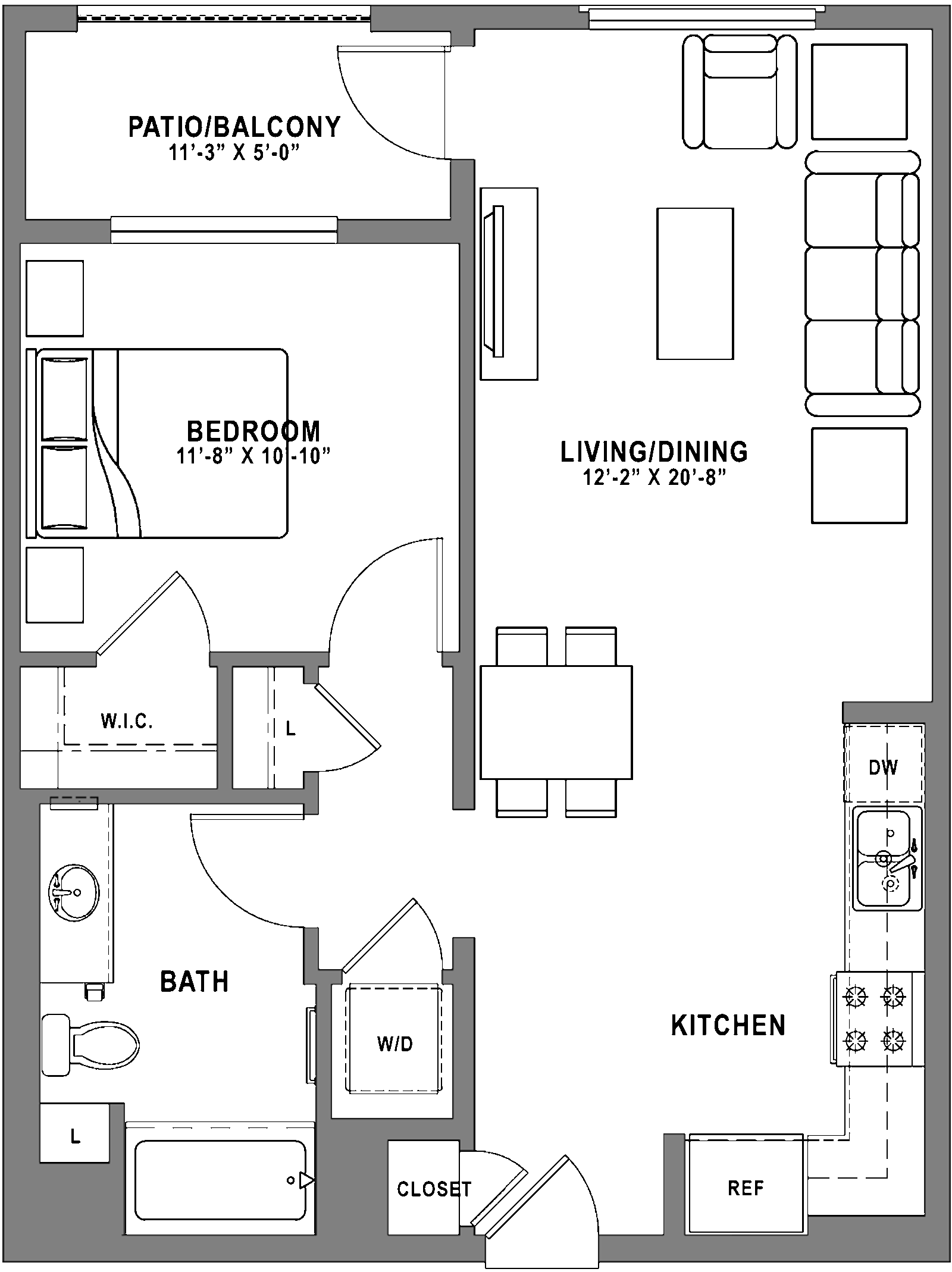 Plan A3 - 1 Bedroom, 1 Bath Floor Plan